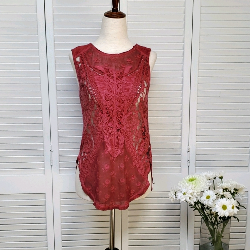 Free People Mesh Floral Embroidered Tank Size XS